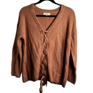 Entro  Brown Chunky Knit Tie Up Front Long Sleeve Sweater Size Small